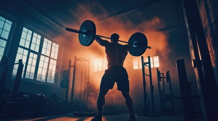 Silhouette of a Bodybuilder Lifting Weights in a Smoky Gym