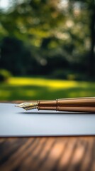 Fototapeta premium Elegant pen and paper on a wooden table, set against a blurred tranquil garden background, perfect for writing and creativity.