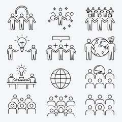 Minimalist Line Art Icons: Teamwork, Collaboration, and Diversity - Unity, Brainstorming, and Global Connection