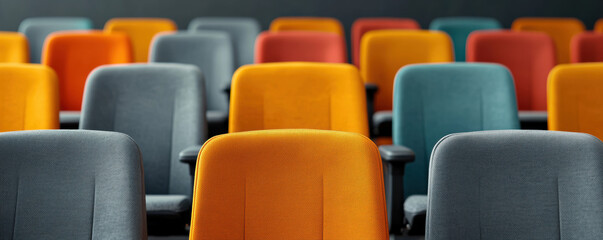 Obraz premium Colorful office chairs arranged in a modern workspace, showcasing diversity in design and function for a collaborative environment.