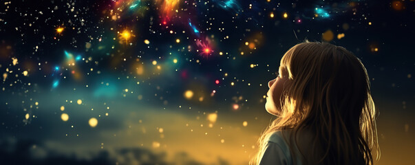 Fototapeta premium Young child gazes at a starry sky filled with vibrant colors during twilight hours in a serene outdoor setting