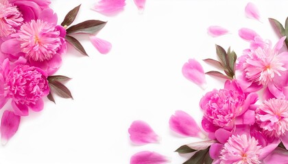 Fototapeta premium Closeup of Blooming Peony Flowers and Petals Isolated on White Background. Top View of Flower with Empty Space.