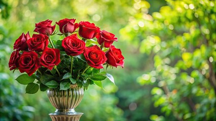 Obraz premium Bouquet of long-stemmed red roses arranged in a decorative vase surrounded by lush greenery, blooming flowers, floral design, bouquet