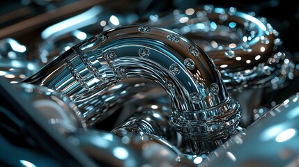 A close-up of a shiny, metallic pipe in a mechanical setting, showcasing industrial design.