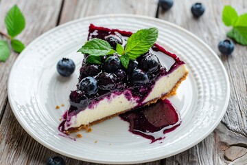Delicious Blueberry Cheesecake Slice with Fresh Berries and Mint Garnish