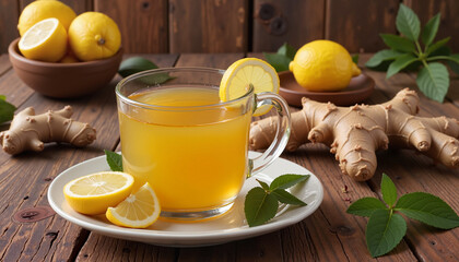 Fresh ginger tea with lemon slices on wooden table surrounded by ginger root and lemon