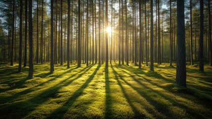 Fototapeta premium Sunlight Filtering Through a Pine Forest