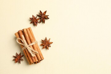 Aromatic cinnamon sticks and anise stars on a color background
