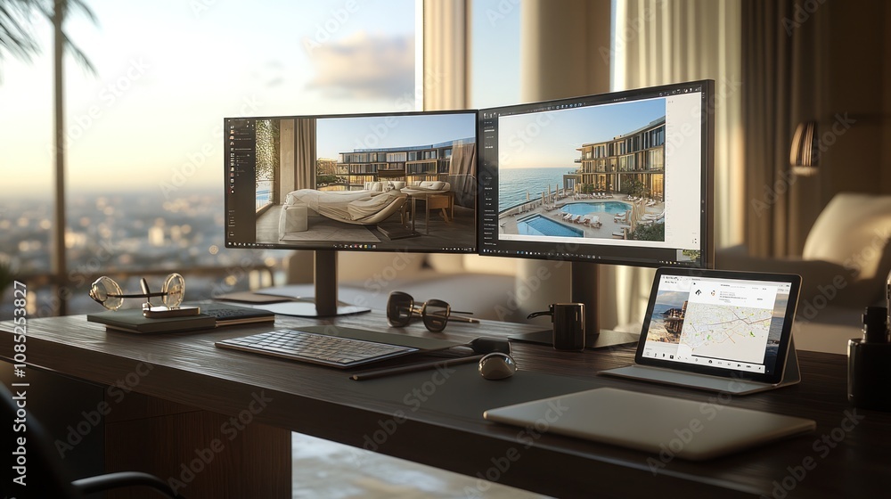 Poster a modern workspace with multiple monitors displaying images and maps, overlooking a scenic view.