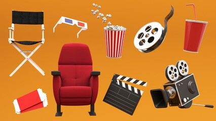 3D render of film industry elements - camera, tickets, popcorn, cinema chair. Background for advertising cinema, online viewing, video broadcasts.