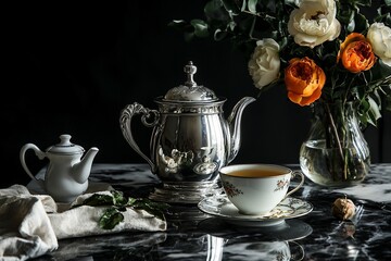 Elegant Tea Setting with Antique Silver Teapot and Fresh Flowers