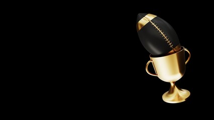 3D render of an American football background showing a football and trophy, celebrating Super Bowl victory and the thrill of the competition. Advertising banner with copy space