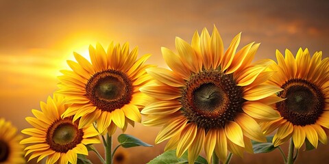 Obraz premium Close-up of individual sunflower blooms in shades of bright yellow and dark brown, set against a subtle gradient background, leafy greens, plant detail, garden texture, nature study, close-up flowers