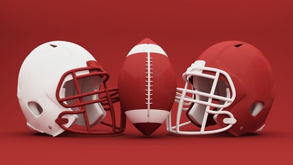Fototapeta premium 3D render of an American football background showing a football and trophy, celebrating Super Bowl victory and the thrill of the competition. Advertising banner with copy space