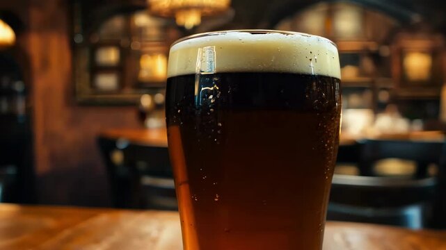 Dark stout beer in a pint glass with creamy foam, rotating in soft light, set in a rustic pub background with warm ambiance, alcoholic beverages, brewery, bars, pubs