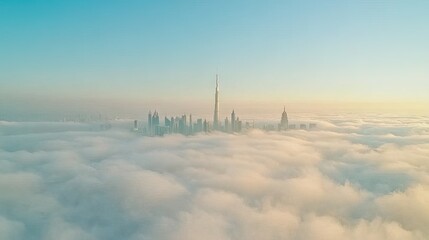 A low-angle perspective of towering urban buildings in fog, symbolizing innovation and development.