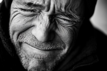 Obraz premium Expressive Portrait: A Moment of Joy and Contemplation in Black and White