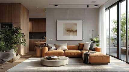 Fototapeta premium Modern living room with an orange sofa and minimalist decor.