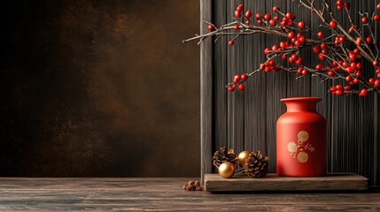 A rustic still-life featuring a red vase with berries and pinecones against a textured wooden backdrop, evoking warmth and seasonal charm.