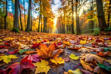 Colorful leaves scattered on the ground in a forest clearing, natural landscape, forest floor