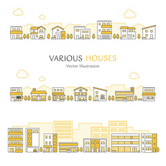 住宅、お店、マンションなどの建物が並ぶ街並みのシンプルでかわいいベクターイラストのセット
