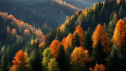 A forest with trees in various shades of orange and green