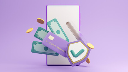 3D render banking system, noble payment. Digital wallet with an application for payment of credit and debit cards. The stylized concept of the bank, preservation and safety of money and savings.