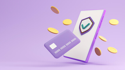 3D render banking system, noble payment. Digital wallet with an application for payment of credit and debit cards. The stylized concept of the bank, preservation and safety of money and savings.