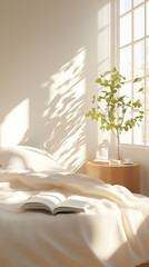 Gem&uuml;tliches Schlafzimmer mit Morgensonne und offenem Buch