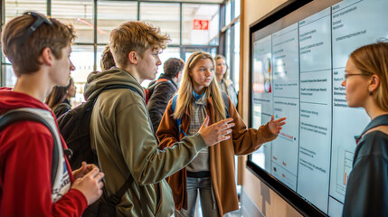 Students collaborating on interactive display in modern classroom setting. Academic Presentation