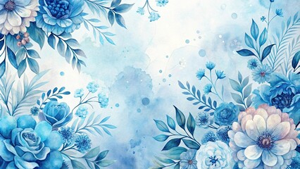 Delicate blue floral pattern features intricate details and watercolor-inspired brushstrokes, blue flowers, soft petal