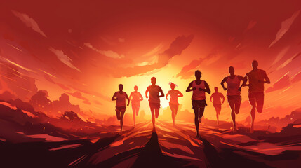 Fototapeta premium generated Illustration of man running in front of an orange and red background