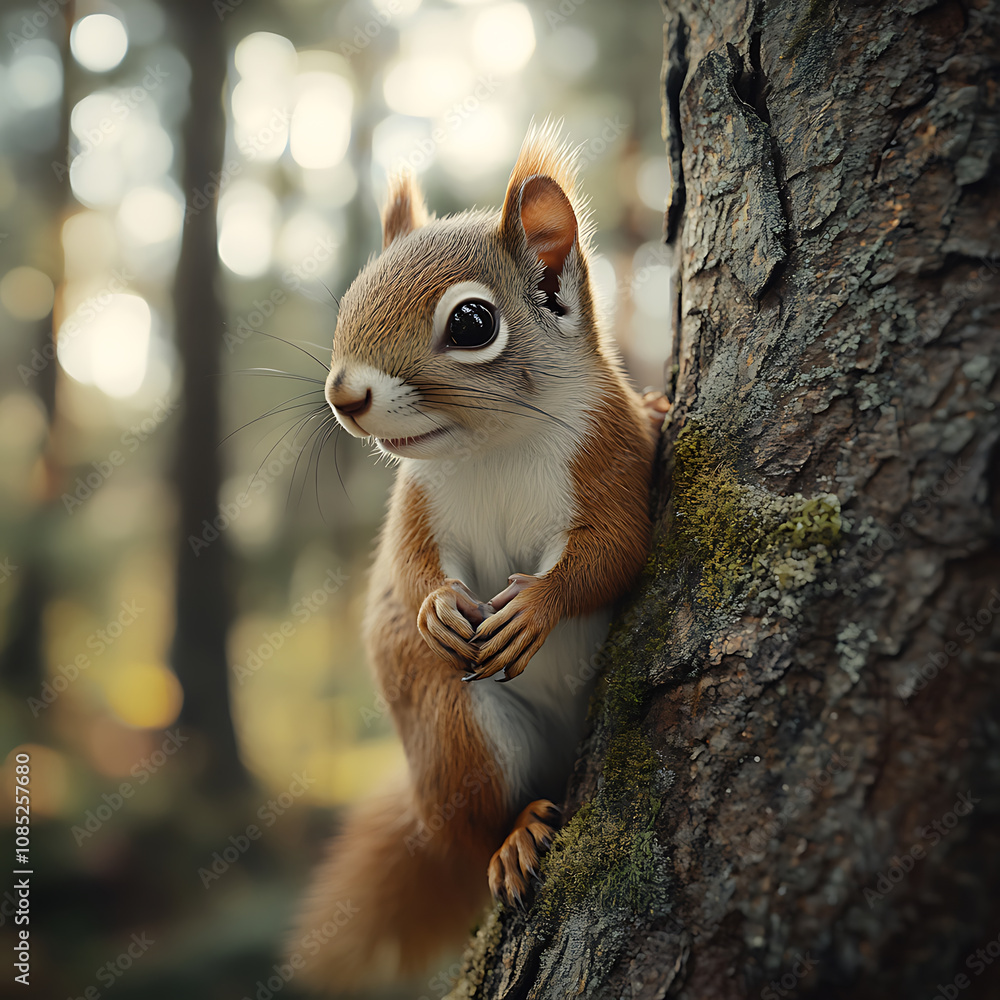 Poster close up of reddish squirrel perched on tree trunk, showcasing its curious expression and delicate f