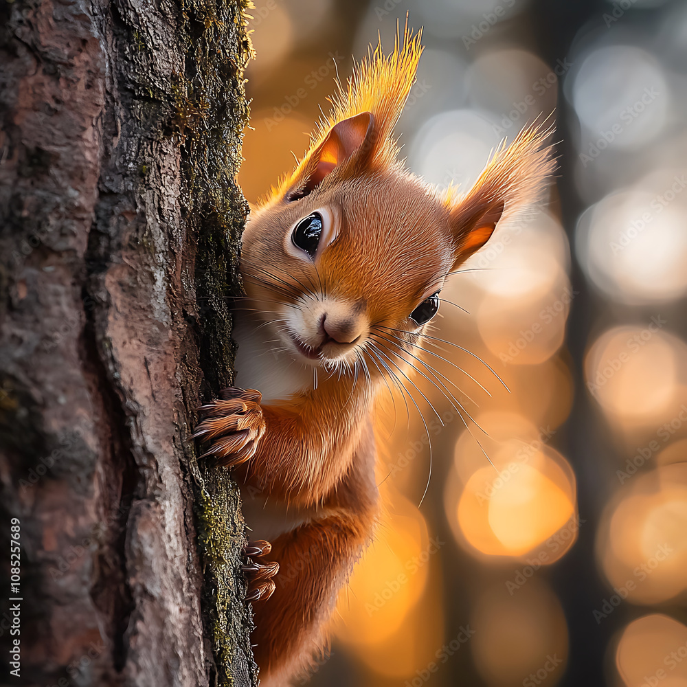 Poster close up of reddish squirrel on tree trunk, showcasing its playful expression and fluffy fur against