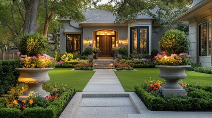 Elegant Home Entrance with Lush Landscaping