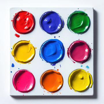vibrant paint palette featuring nine colorful dabs of paint, including red, blue, green, yellow, and pink, perfect for artistic expression and creativity