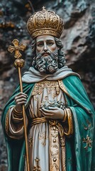 Obraz premium Statue of a regal figure in ornate robes and crown, symbolizing royalty.