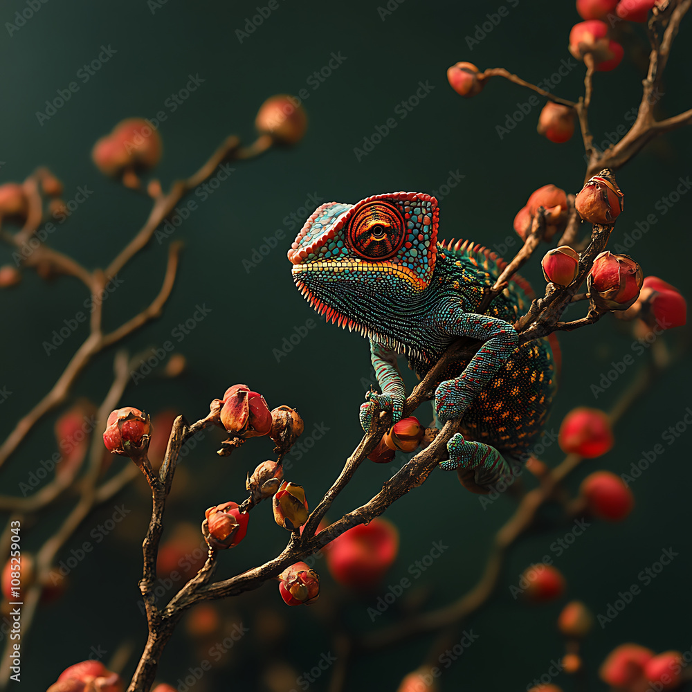 Aufkleber vibrant multicolored panther chameleon perched on branch with red buds, showcasing its unique patter