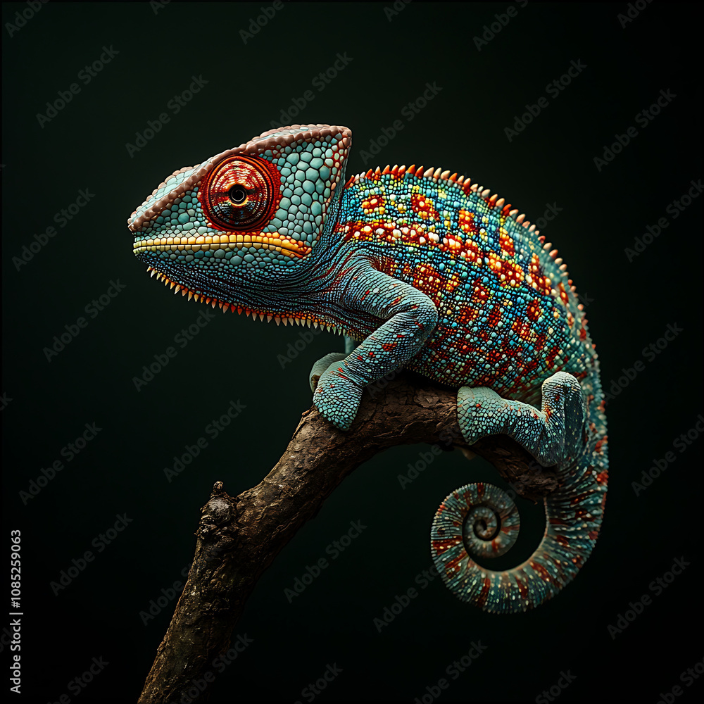 Aufkleber vibrant multicolored panther chameleon perched on branch, showcasing its intricate patterns and text