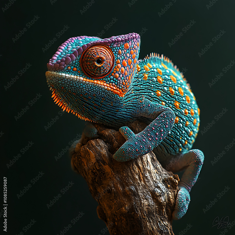 Aufkleber vibrant multicolored panther chameleon perched on branch, showcasing its unique textures and pattern