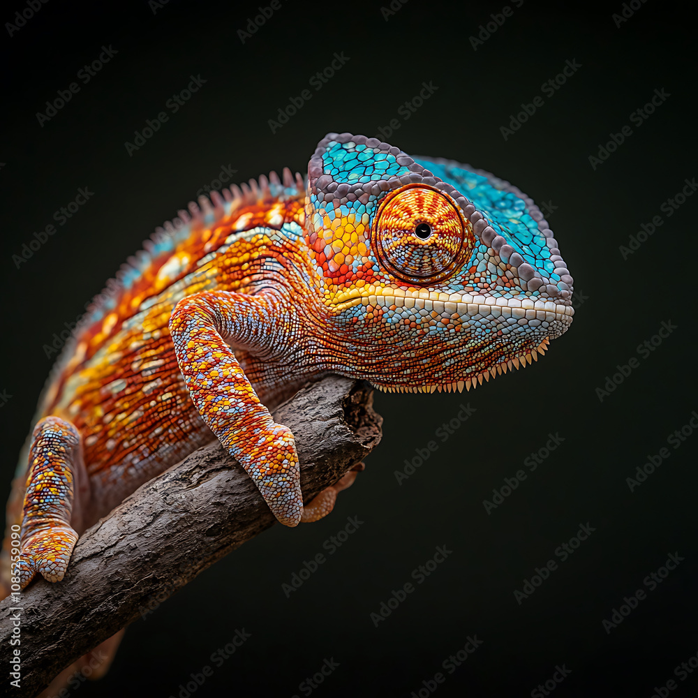 Aufkleber vibrant multicolored panther chameleon perched on branch, showcasing its intricate patterns and text