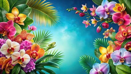 Exotic orchids and tropical blooms arranged in a lush floral composition against a vibrant blue background, orchids, colorful, arrangement, flower arrangement, summer