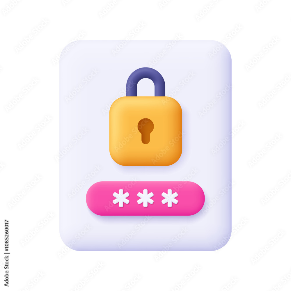 Poster document file with padlock and password. data protection, internet security and cyber security. 3d v