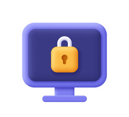 Padlock on computer screen. Data protection, internet security and cyber security. 3d vector icon. Cartoon minimal style.