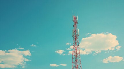 Obraz premium Red Antenna Tower Against a Blue Sky