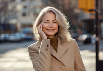 Obraz premium Portrait of a beautiful senior woman in a beige coat, smiling and touching her hair