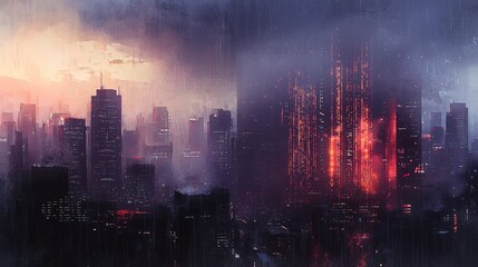 Fototapeta premium A cityscape with binary code raining down from the sky, symbolizing the omnipresence of data in modern life.