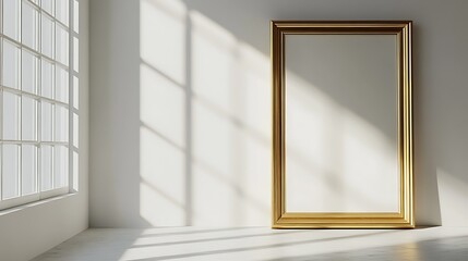 A blank golden picture frame in a sunlit room with shadows.