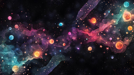 A colorful galaxy with many stars and planets