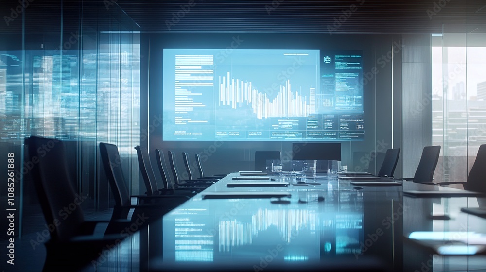 Aufkleber modern conference room with data visualization and technology elements for business meetings and pre
